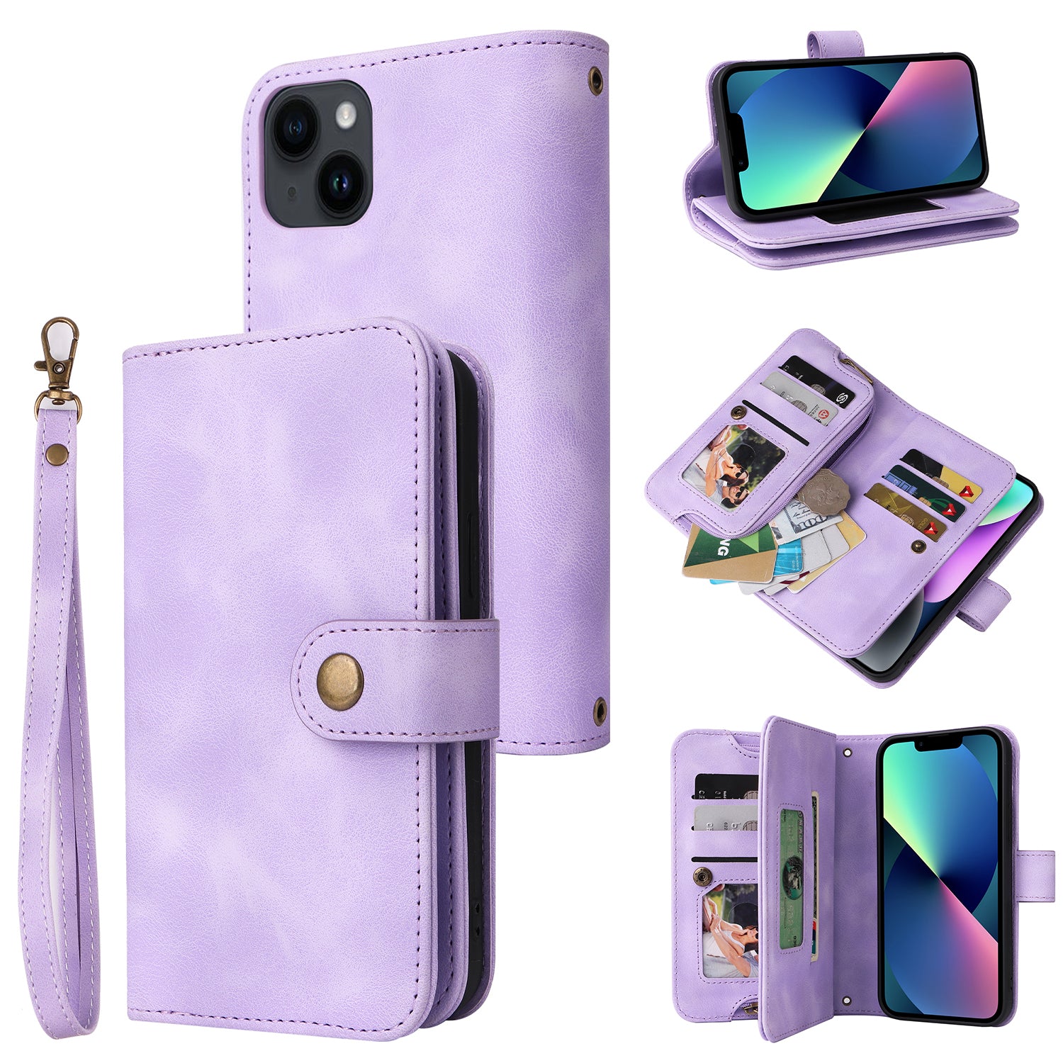 Multifunkční pouzdro na telefon iPhone 13 PU kožený stojánek na zip kapsa na peněženku Kryt na telefon s popruhy Multifunkční pouzdro na telefon iPhone 13 PU kožený stojánek na zip kapsa na peněženku Kryt na telefon s popruhy